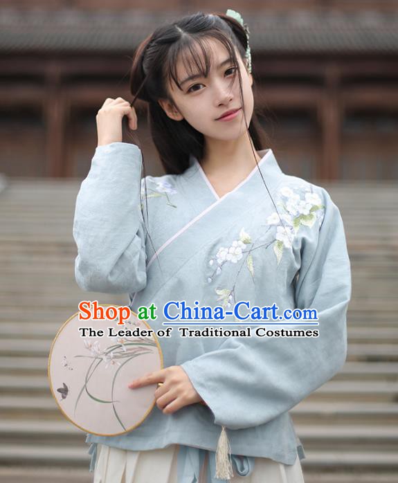 Traditional Chinese National Costume Cheongsam Blouse Tangsuit Embroidered Blue Shirts for Women