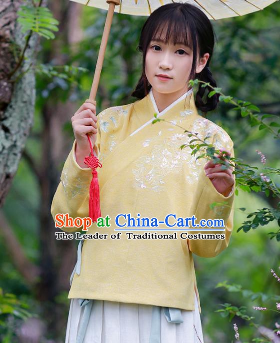 Traditional Chinese National Costume Embroidered Cheongsam Blouse Tangsuit Yellow Shirts for Women
