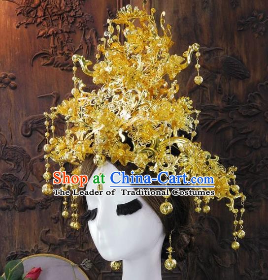 Chinese Handmade Classical Empress Golden Phoenix Coronet Ancient Hanfu Wedding Headdress Hair Accessories for Women