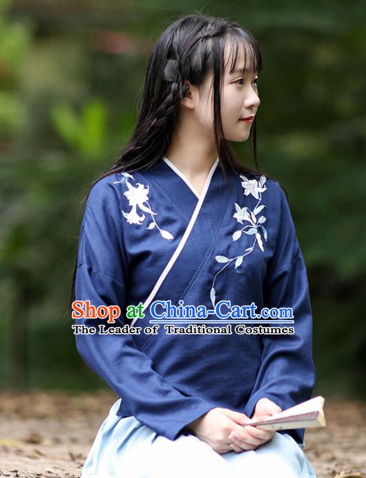 Traditional Chinese National Costume Embroidered Blouse Tang Suit Hanfu Blue Shirts for Women