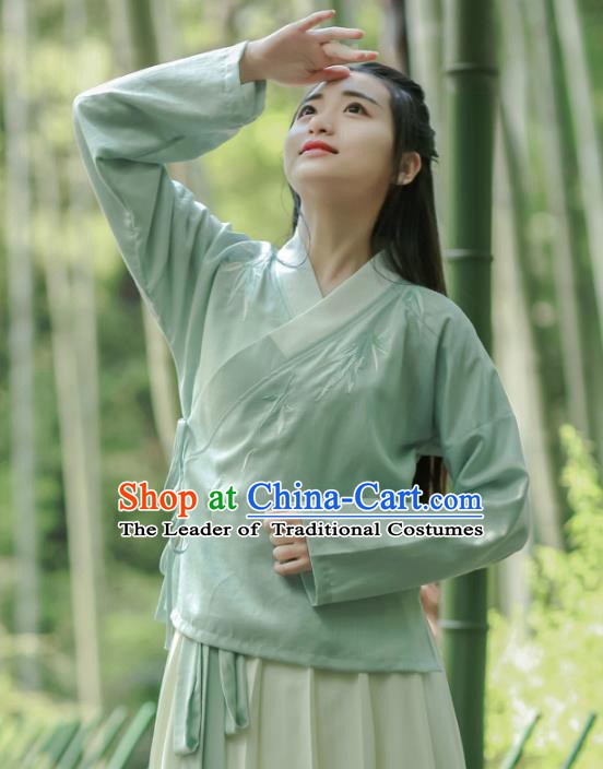 Traditional Chinese National Costume Embroidered Cheongsam Blouse Green Hanfu Shirts for Women