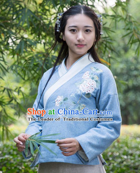 Traditional Chinese National Costume Embroidered Blue Shirts Hanfu Cheongsam Blouse for Women