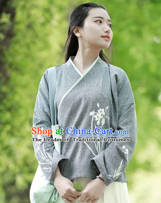 Traditional Chinese National Costume Embroidered Grey Shirts Hanfu Cheongsam Blouse for Women