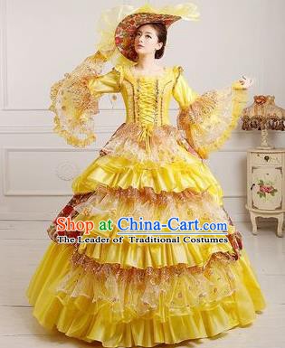 Traditional European Court Dowager Renaissance Costume Dance Ball Yellow Full Dress for Women