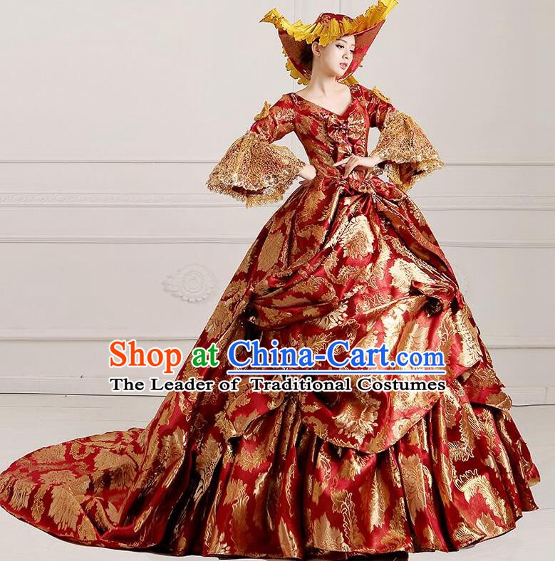 Traditional European Court Noblewoman Renaissance Costume Dance Ball Princess Palace Trailing Red Dress for Women