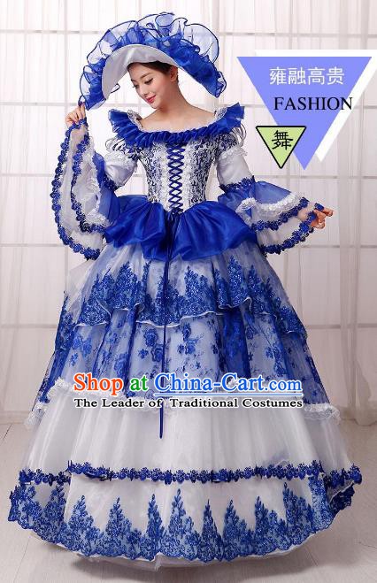 Traditional European Court Noblewoman Renaissance Costume Dance Ball Princess Blue Full Dress for Women