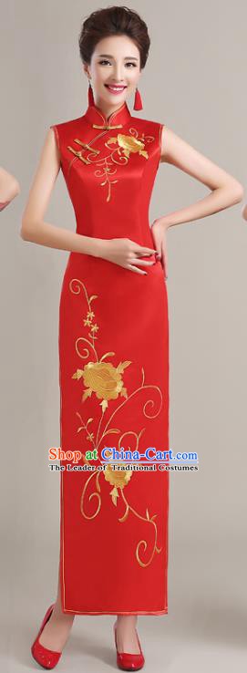 Traditional Chinese National Costume Printing Peony Red Cheongsam Dress for Women