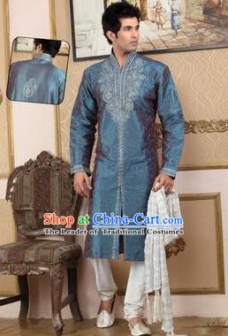 Traditional Asian India Stage Performance Peacock Blue Costume Hindustan Indian Prince National Clothing for Men