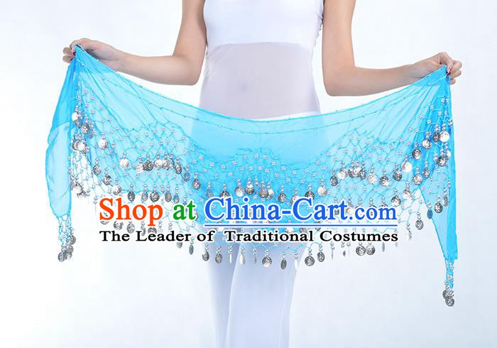 Asian Indian Belly Dance Argent Paillette Blue Silk Waistband Accessories India Raks Sharki Belts for Women