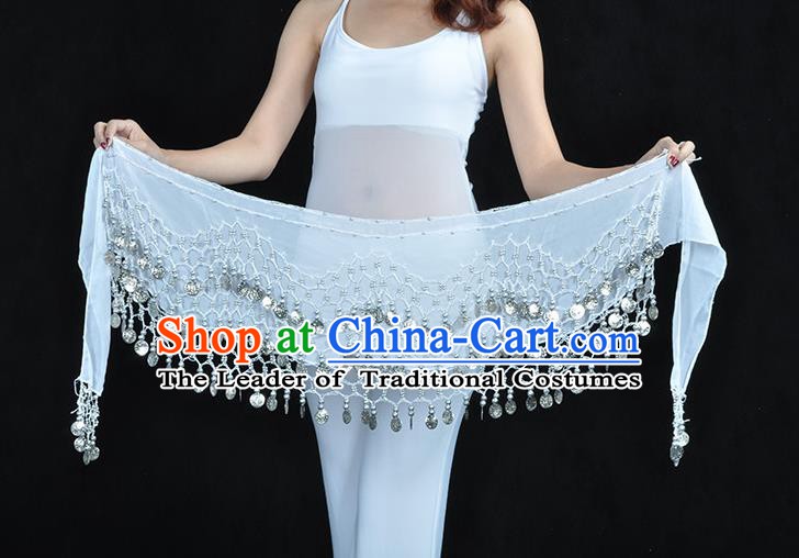 Asian Indian Belly Dance Argent Paillette White Silk Waistband Accessories India Raks Sharki Belts for Women