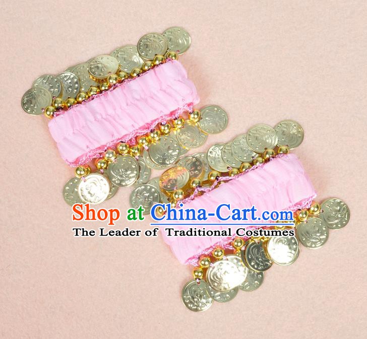 Oriental Indian Belly Dance Accessories Pink Bracelets India Stage Performance Golden Coin Bangle for Women