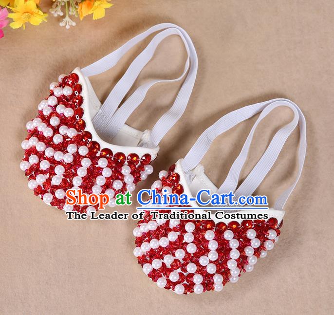 Asian Indian Belly Dance Shoes India Traditional Dance Red Beads Soft Shoes for for Women