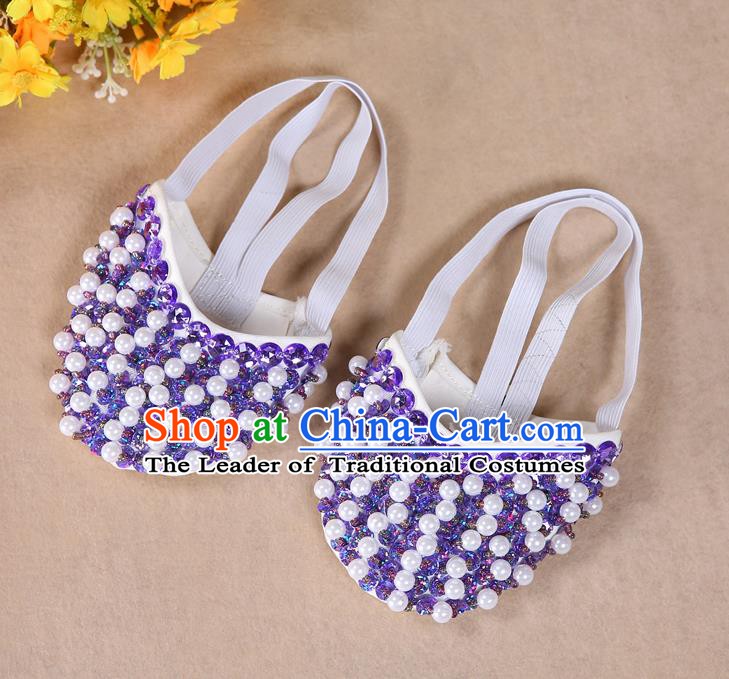 Asian Indian Belly Dance Shoes India Traditional Dance Light Purple Beads Soft Shoes for for Women
