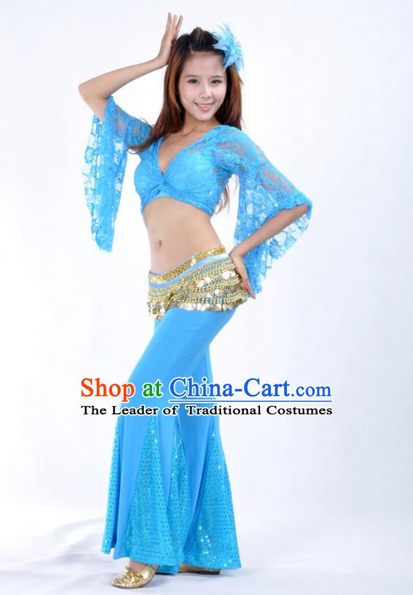 Indian Belly Dance Blue Lace Costume India Raks Sharki Suits Oriental Dance Clothing for Women