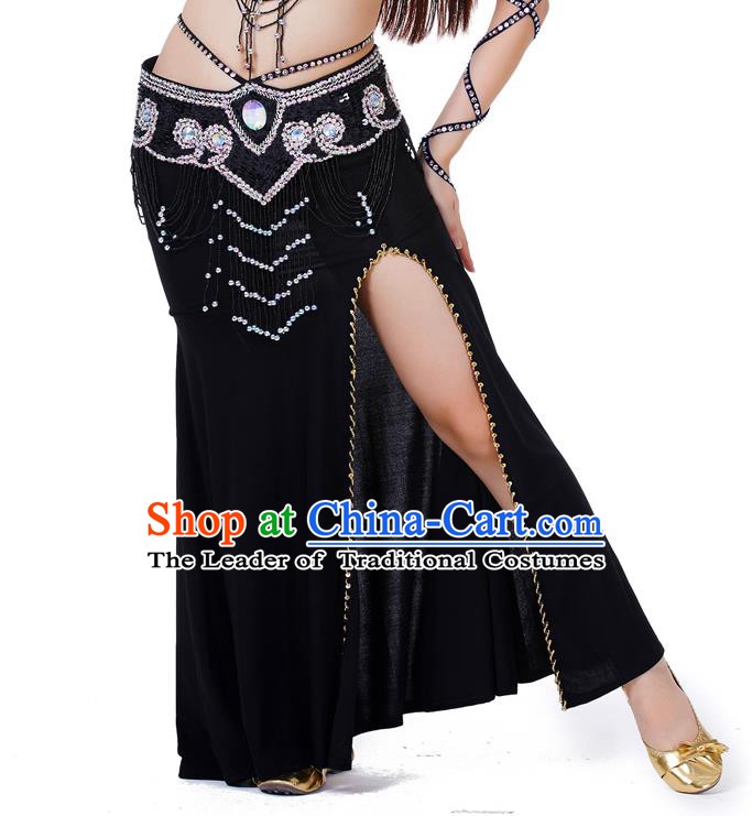 Top Indian Belly Dance Costume Black Split Skirt, India Raks Sharki Clothing for Women