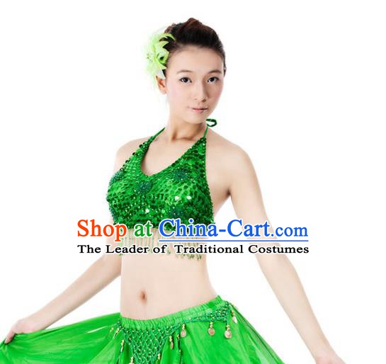 Top Indian Bollywood Belly Dance Costume Oriental Dance Green Paillette Brassiere for Women