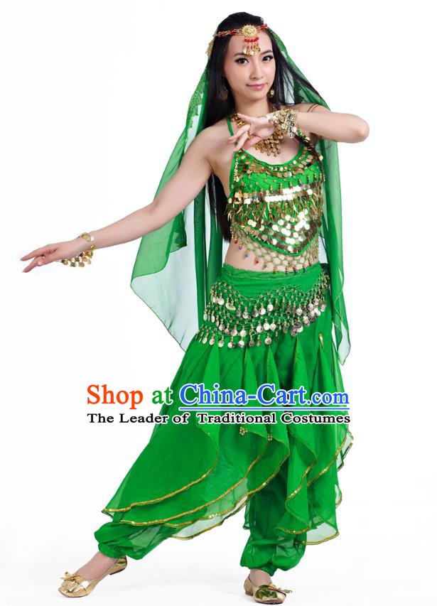 Indian Oriental Belly Dance Green Costume, India Raks Sharki Bollywood Dance Clothing for Women