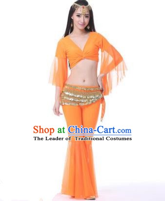 Asian Indian Belly Dance Training Orange Uniform India Bollywood Oriental Dance Clothing for Women