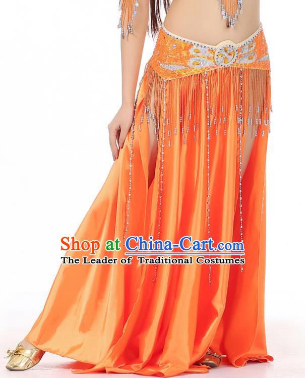 Indian Belly Dance Costume Bollywood Oriental Dance Orange Satin Skirt for Women