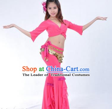 Indian Traditional Belly Dance Rosy Uniform Asian India Oriental Dance Costume for Women