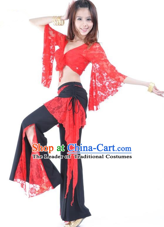 Indian Traditional Belly Dance Red Lace Clothing Asian India Oriental Dance Costume for Women