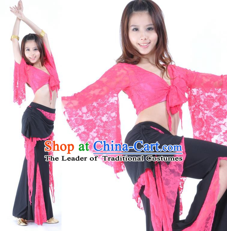 Indian Traditional Belly Dance Rosy Lace Clothing Asian India Oriental Dance Costume for Women