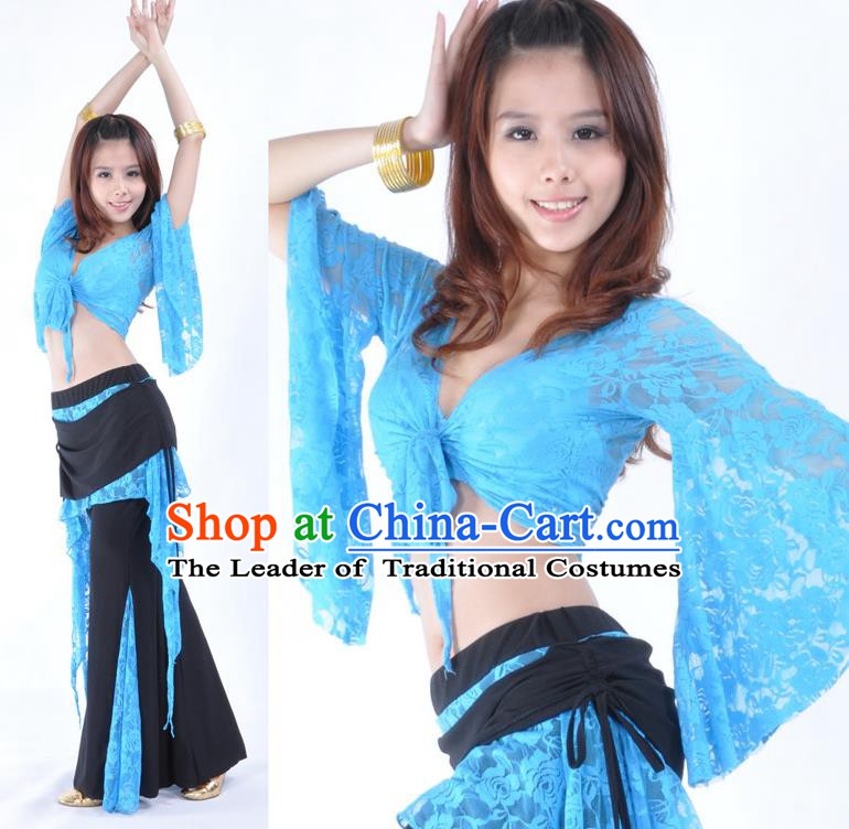 Indian Traditional Belly Dance Blue Lace Clothing Asian India Oriental Dance Costume for Women