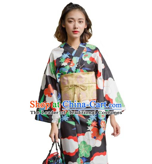 Asian Japanese Traditional Costumes Japan Kimono Yukata Black Clothing for Women