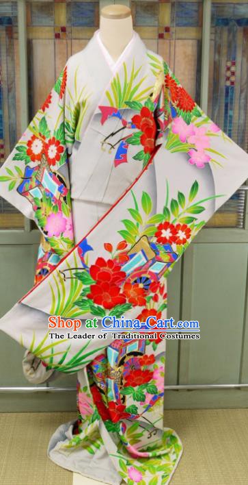 Asian Japanese Traditional Costumes Japan Furisode Kimono Yukata Printing White Dress Clothing for Women