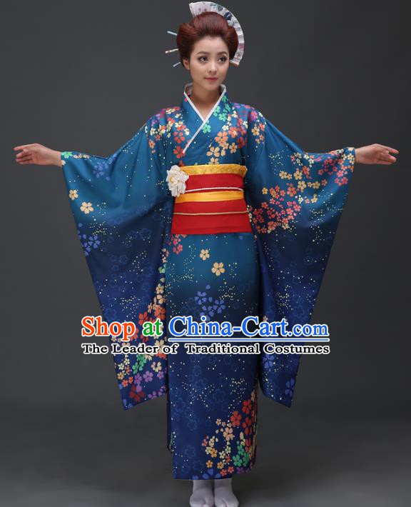 Asian Japanese Traditional Costumes Japan Printing Blue Furisode Kimono Yukata Dress Clothing for Women