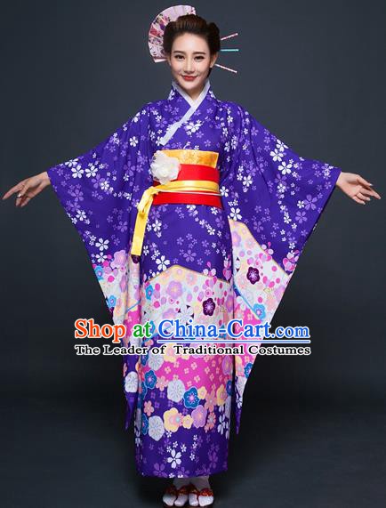 Asian Japanese Traditional Costumes Japan Printing Purple Furisode Kimono Yukata Dress Clothing for Women
