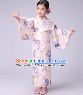 Asian Japanese Traditional Costumes Japan Satin Furisode Kimono Yukata Printing Blue Peony Dress Clothing for Kids