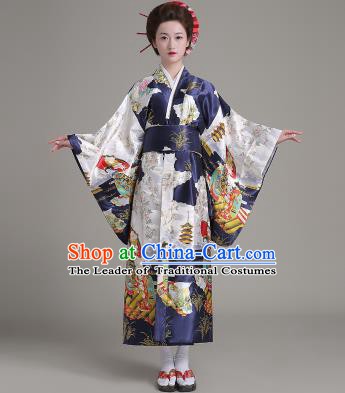 Asian Japanese Traditional Costumes Japan Satin Furisode Kimono Yukata Printing Navy Dress Clothing for Women
