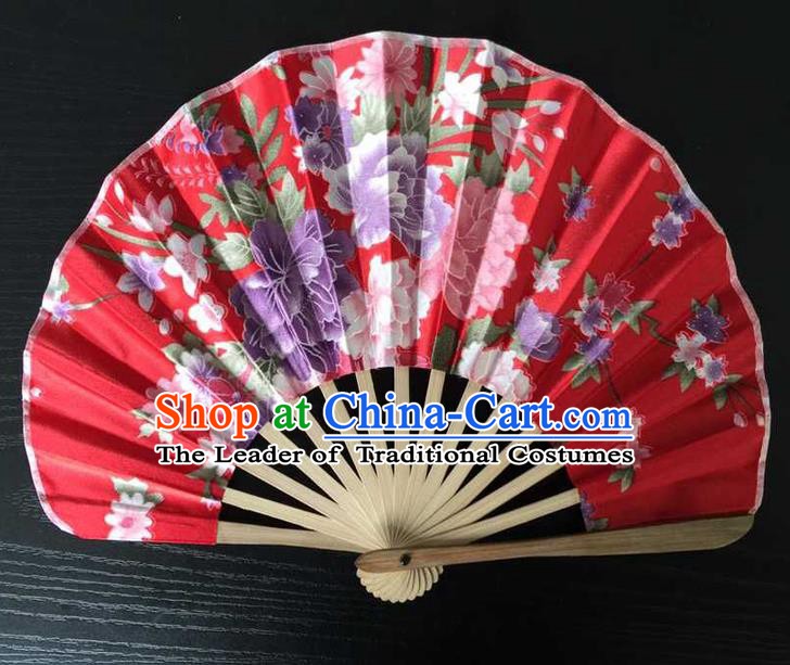 Asian Traditional Folding Fans Kimono Printing Red Satin Fans Dance Fan for Women