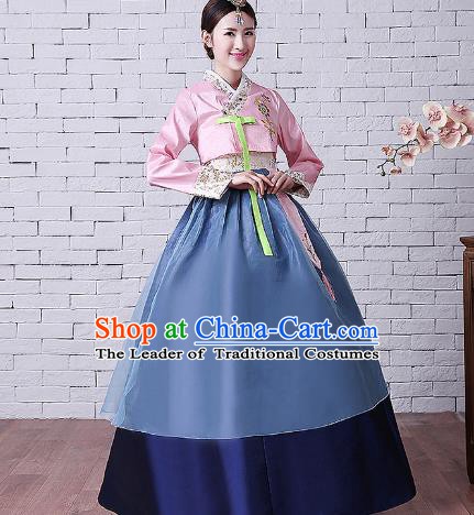 Asian Korean Dance Costumes Traditional Korean Hanbok Clothing Embroidered Pink Blouse and Navy Dress for Women