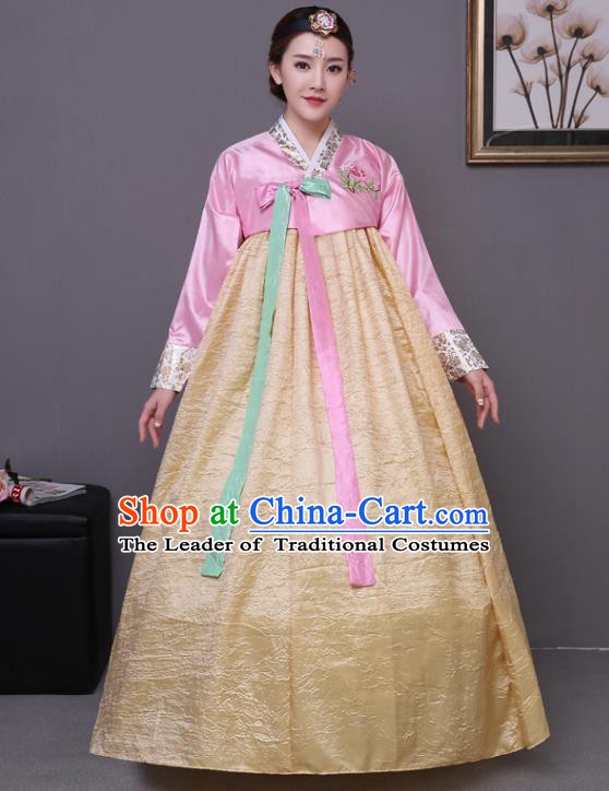 Asian Korean Dance Costumes Traditional Korean Hanbok Clothing Wedding Pink Blouse and Yellow Dress for Women