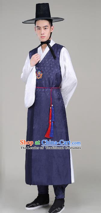 Asian Korean Court Emperor Costumes Navy Robe Traditional Korean Hanbok Clothing for Men