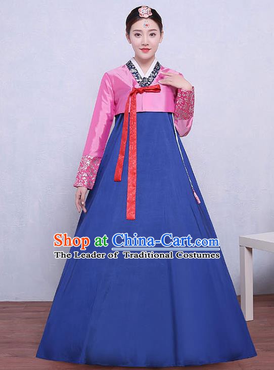 Asian Korean Dance Costumes Traditional Korean Dress Hanbok Clothing Pink Blouse and Blue Skirt for Women