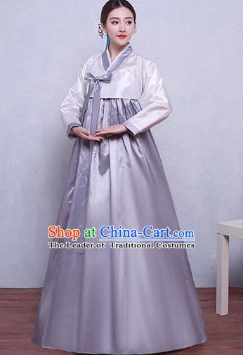 Asian Korean Dance Costumes Traditional Korean Hanbok Clothing White Blouse and Grey Dress for Women