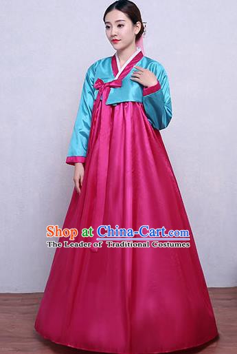 Asian Korean Dance Costumes Traditional Korean Hanbok Clothing Blue Blouse and Rosy Dress for Women
