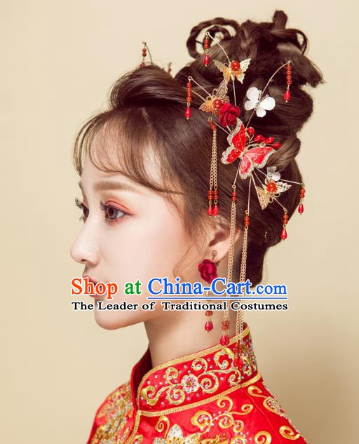 Chinese Handmade Classical Wedding Hair Accessories Ancient Xiuhe Suits Butterfly Hair Clasp Hairpins for Women