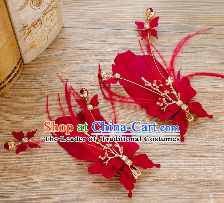 Handmade Classical Wedding Hair Accessories Bride Red Feather Hair Stick Headwear for Women