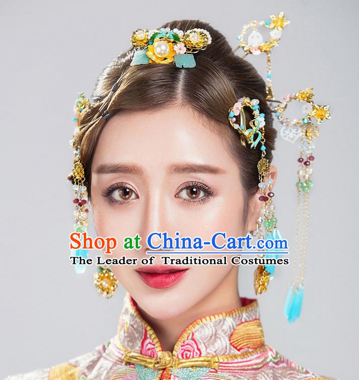 Chinese Handmade Classical Hair Accessories Ancient Blue Tassel Hairpins Step Shake for Women