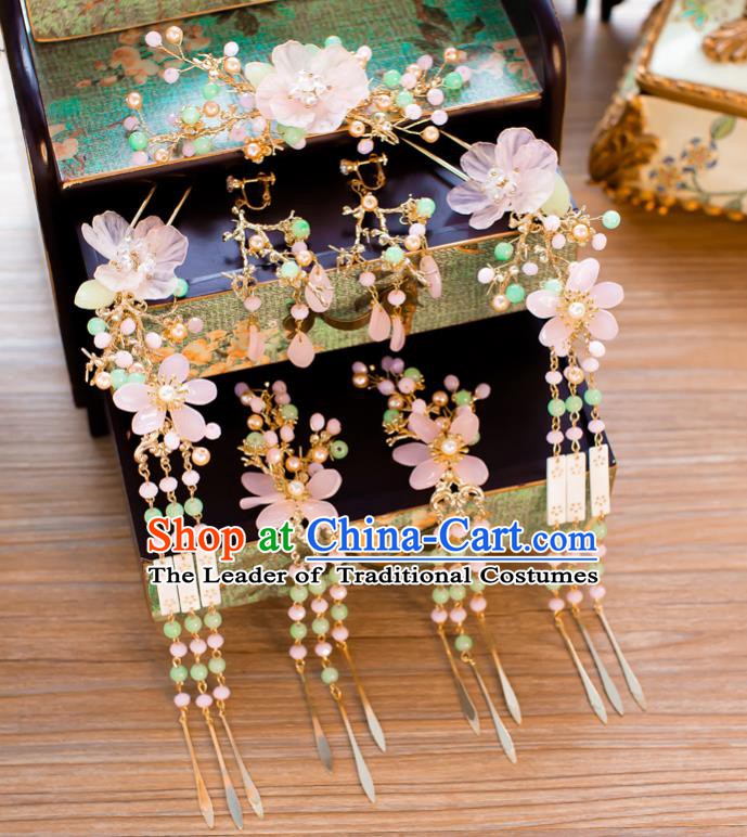 Chinese Handmade Classical Hair Accessories Ancient Pink Flowers Hair Clip Tassel Hairpins for Women