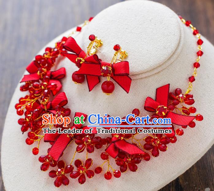 Handmade Classical Wedding Accessories Bride Red Bowknot Necklace and Earrings for Women