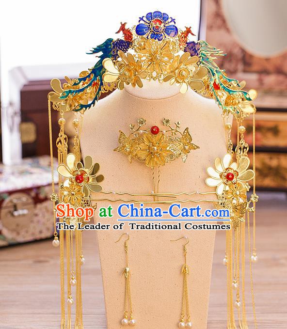 Chinese Handmade Classical Hair Accessories Ancient Cloisonne Phoenix Coronet Tassel Hairpins for Women