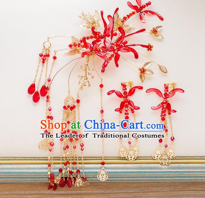 Chinese Handmade Classical Hair Accessories Ancient Red Hair Stick Tassel Hairpins for Women