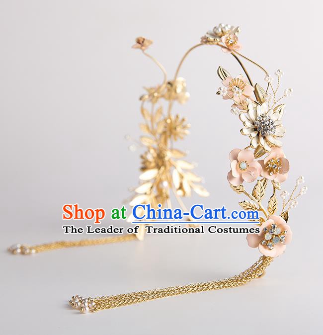 Handmade Classical Wedding Hair Accessories Bride Golden Flowers Tassel Hair Clasp Headwear for Women