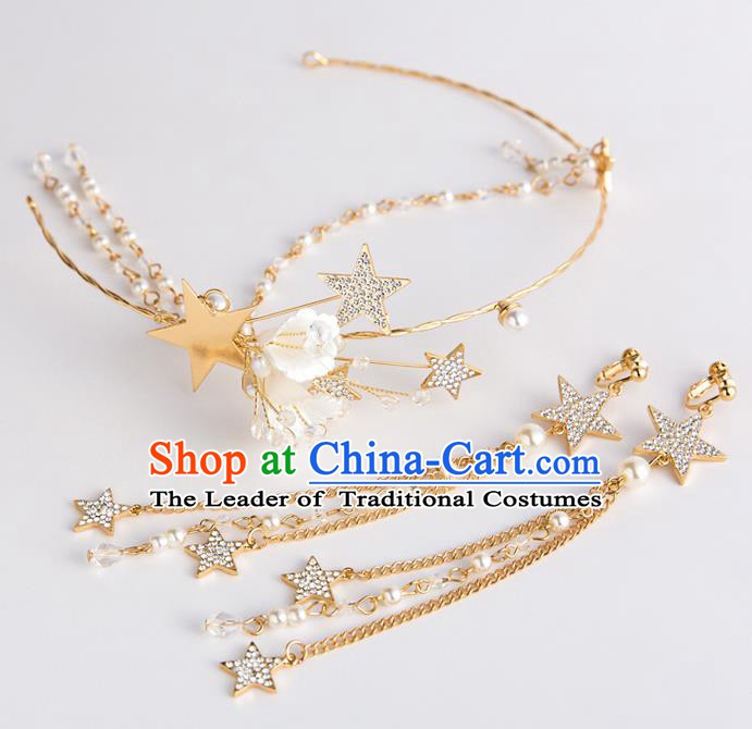 Handmade Classical Wedding Hair Accessories Bride Golden Stars Hair Clasp and Earrings Headwear for Women