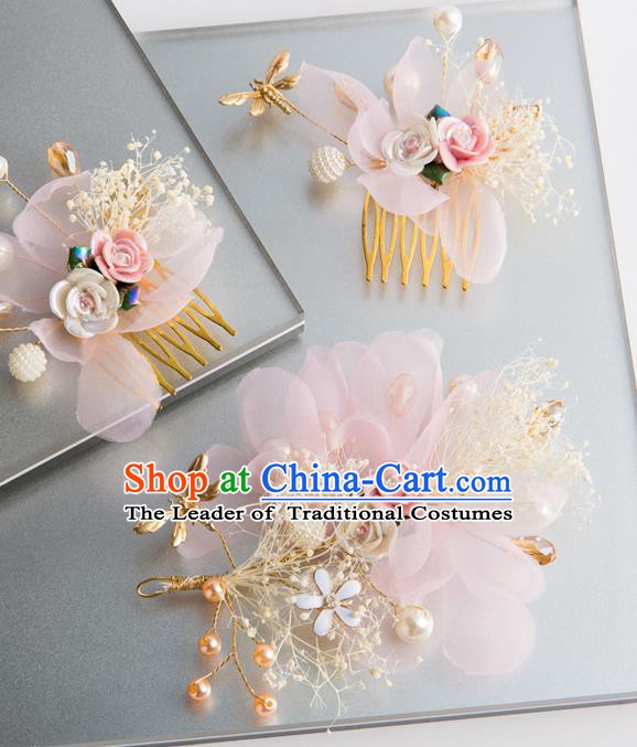 Handmade Classical Wedding Hair Accessories Bride Pink Silk Hair Comb Hairpins Headwear for Women